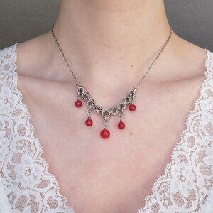 Gothic Victorian vampire red pearl chandelier necklace with a small silver chain